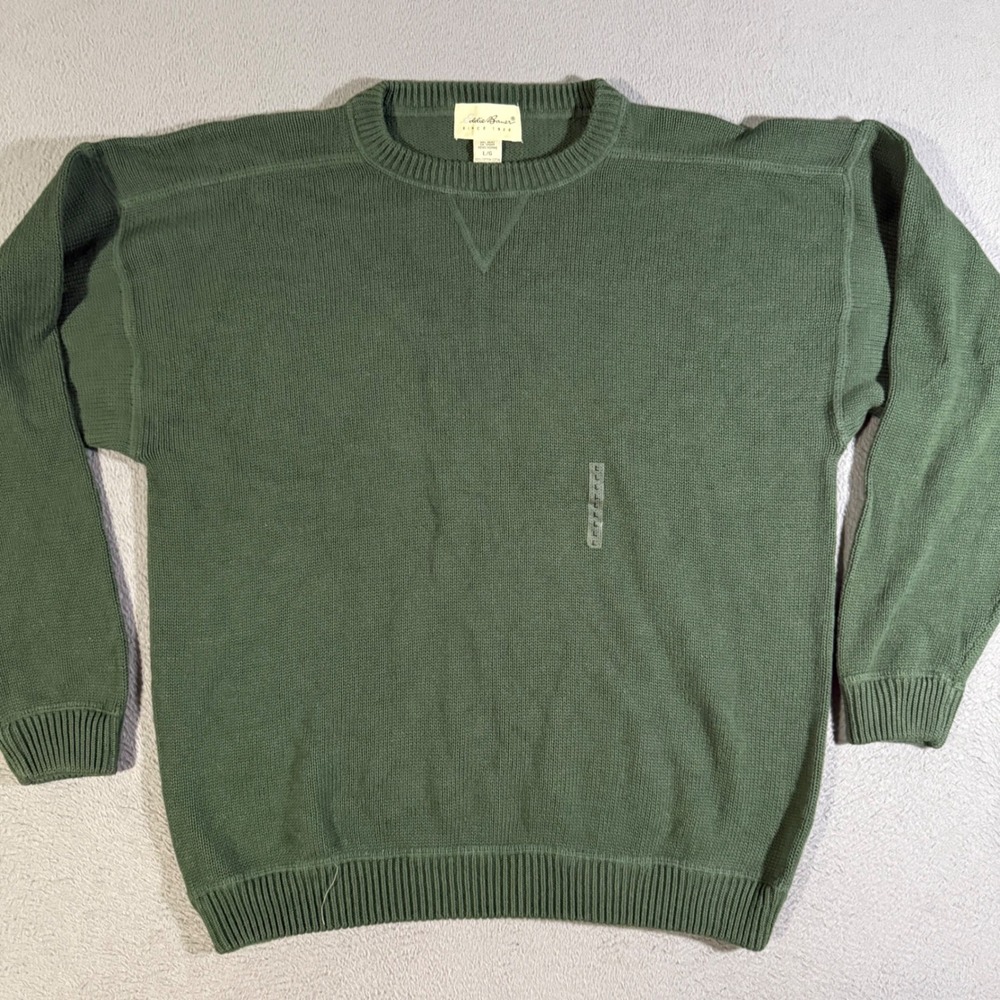Eddie Bauer Mens Large Crew Neck Long Sleeve Cotton‎ Knit Sweater Green Casual